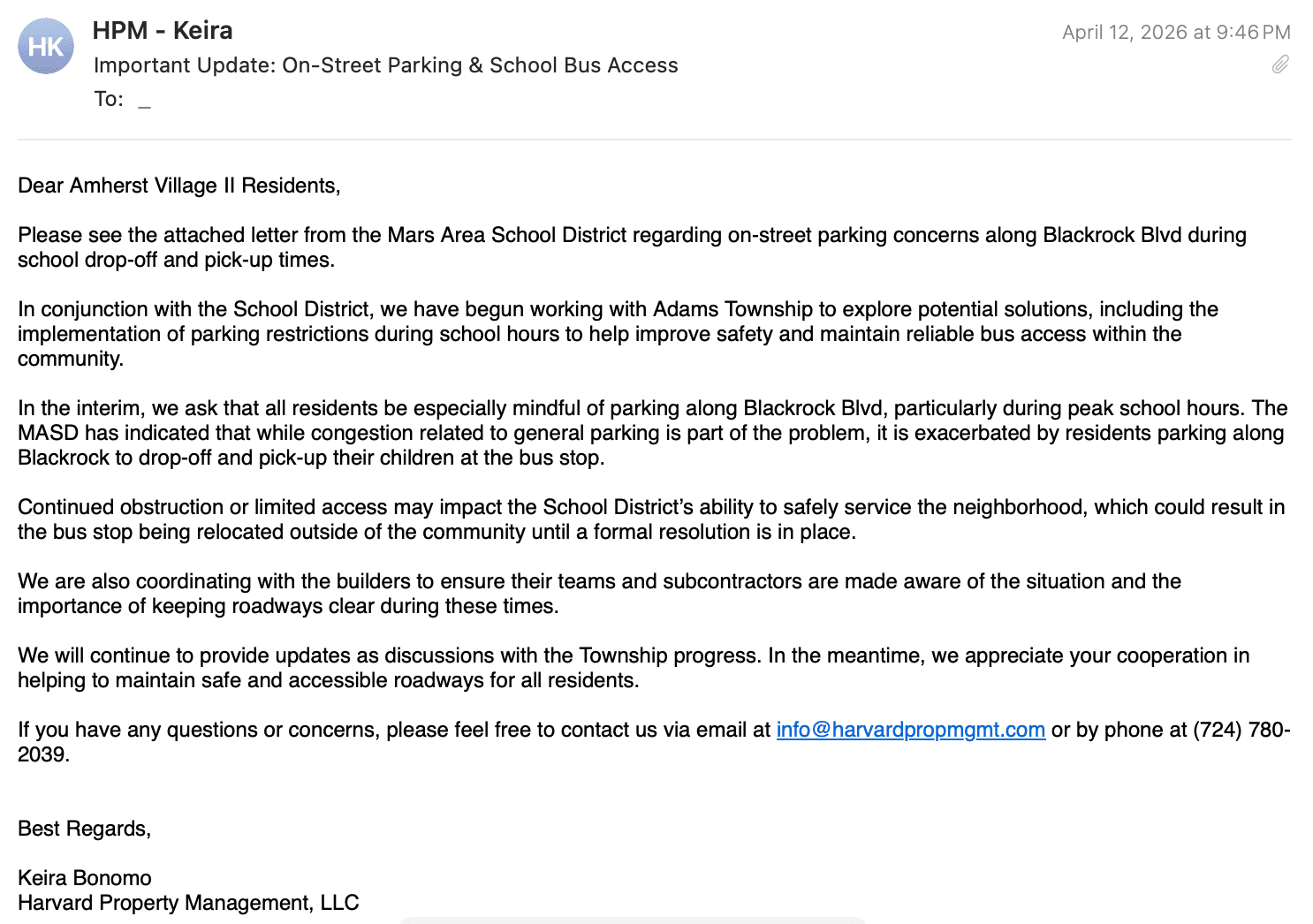Original HPM email sent to Amherst Village II residents
